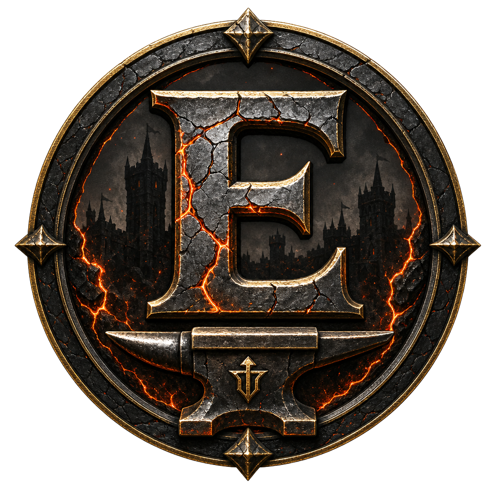 EverForge Network emblem: a cracked metallic letter E over an anvil inside a forged iron ring